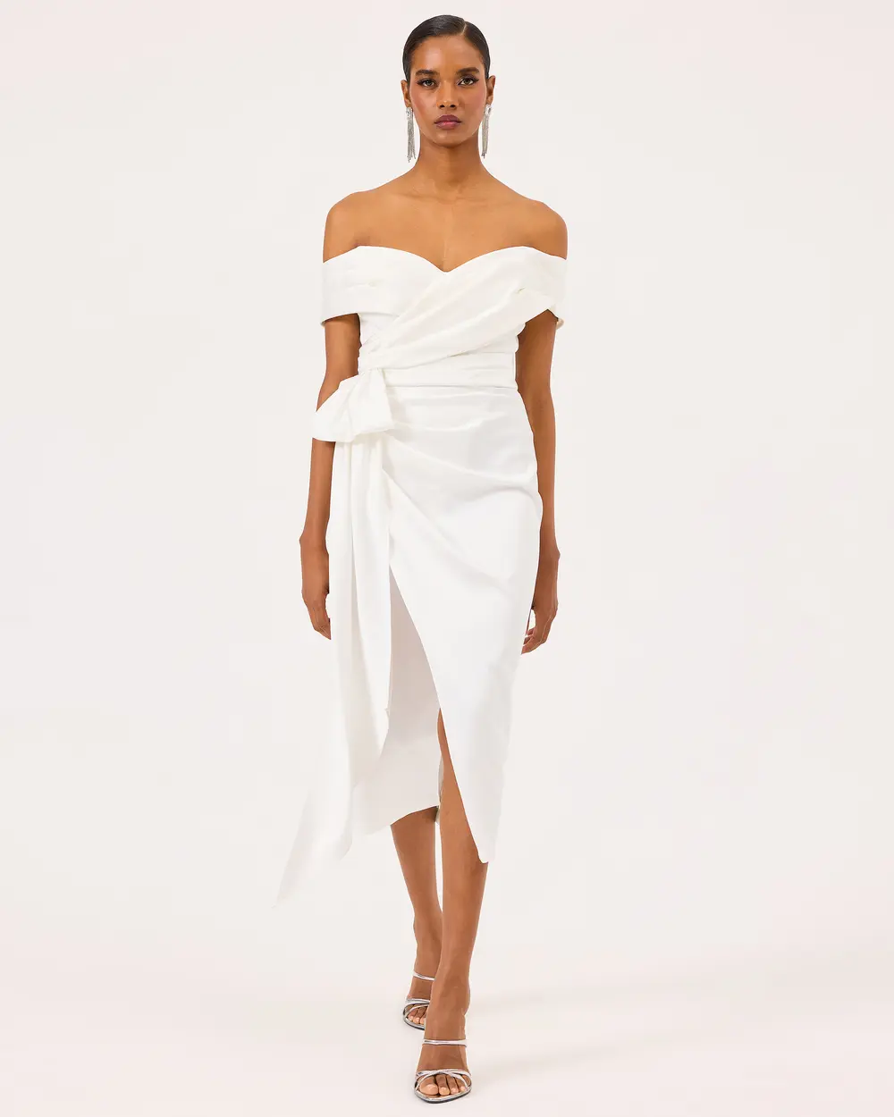 Off Shoulder Midi Length Draped Satin Evening Dress