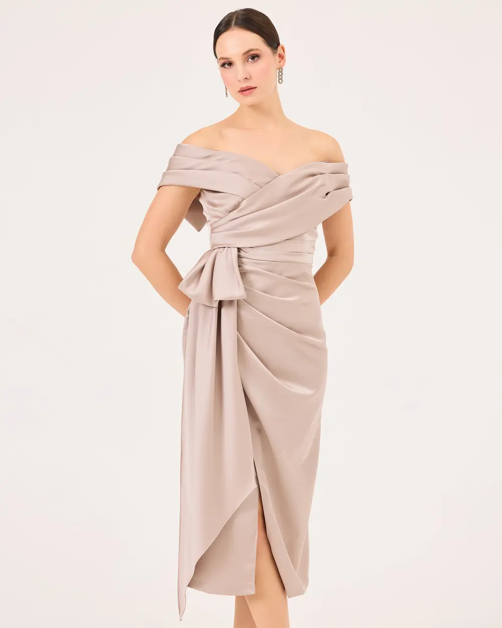 Off Shoulder Midi Length Draped Satin Evening Dress