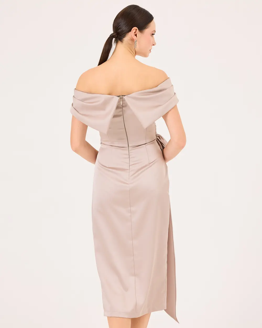 Off Shoulder Midi Length Draped Satin Evening Dress