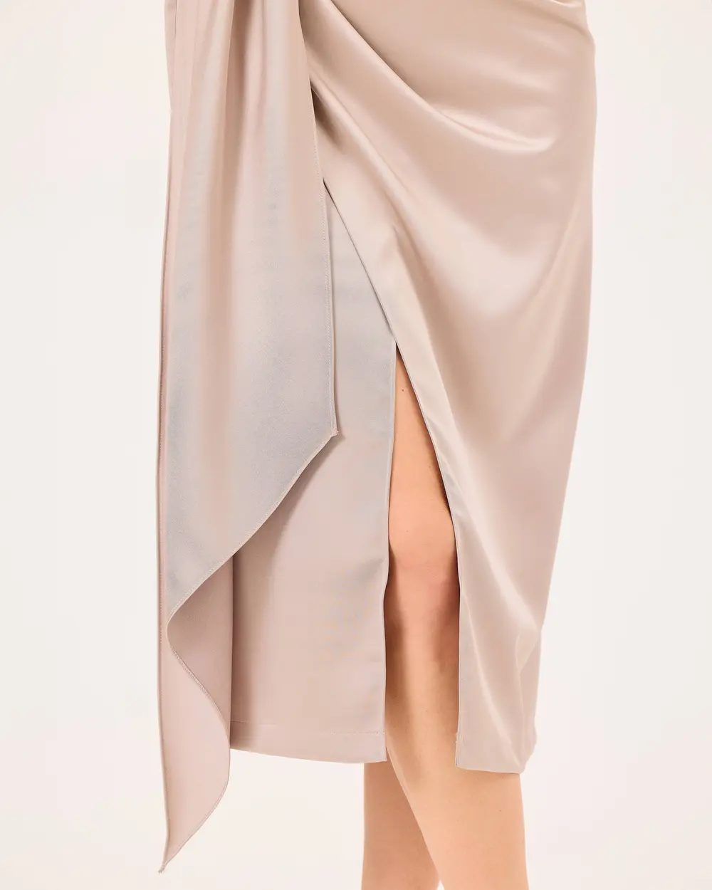 Off Shoulder Midi Length Draped Satin Evening Dress