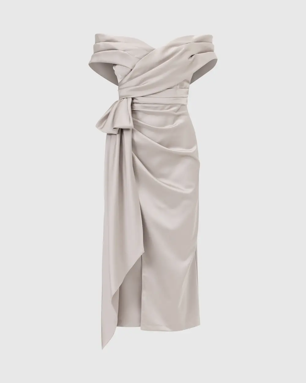 Off Shoulder Midi Length Draped Satin Evening Dress