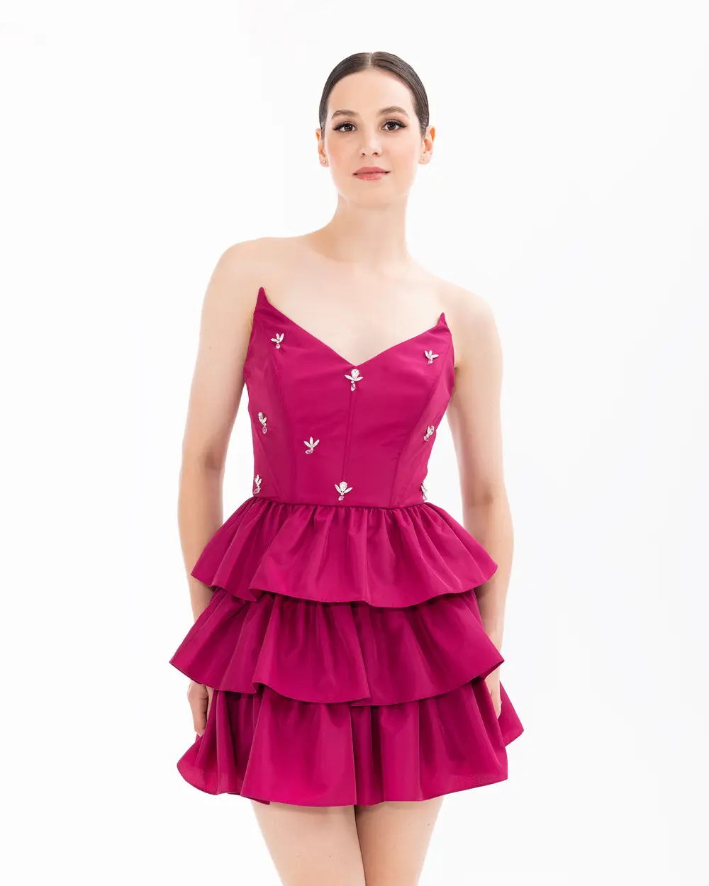 Strapless Mini Length Evening Dress with Stones