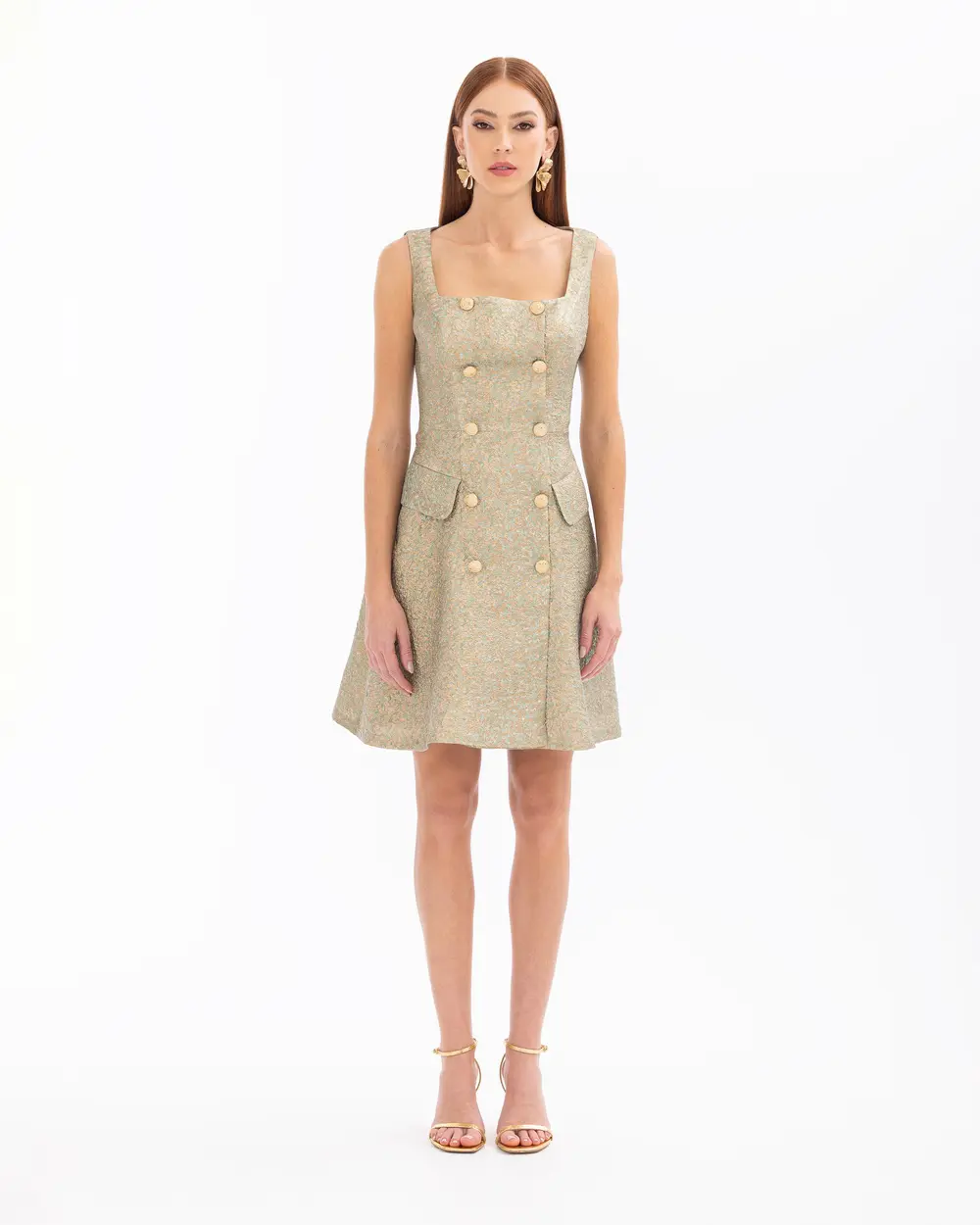 Square Neck Buttoned Jacquard Evening Dress