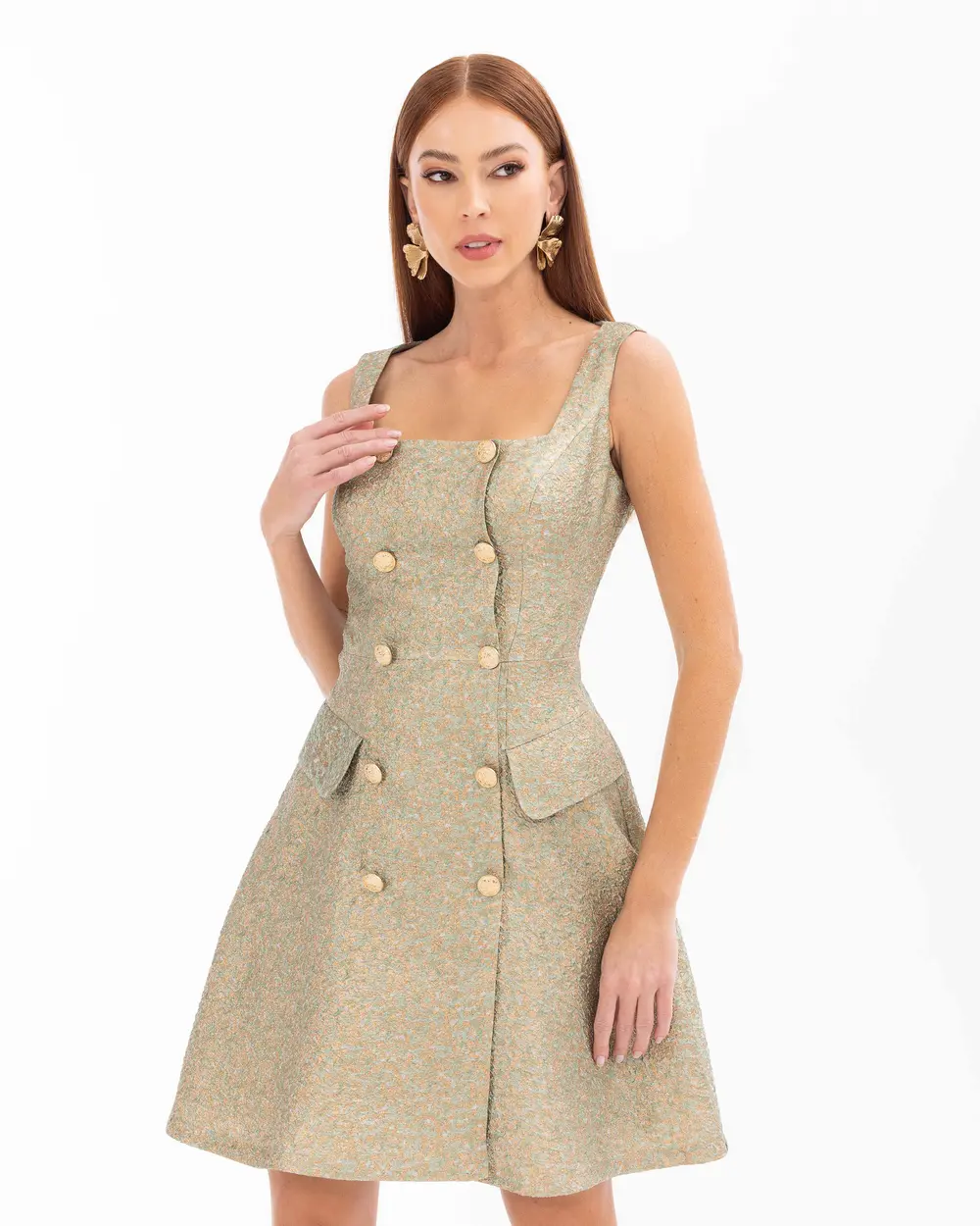 Square Neck Buttoned Jacquard Evening Dress