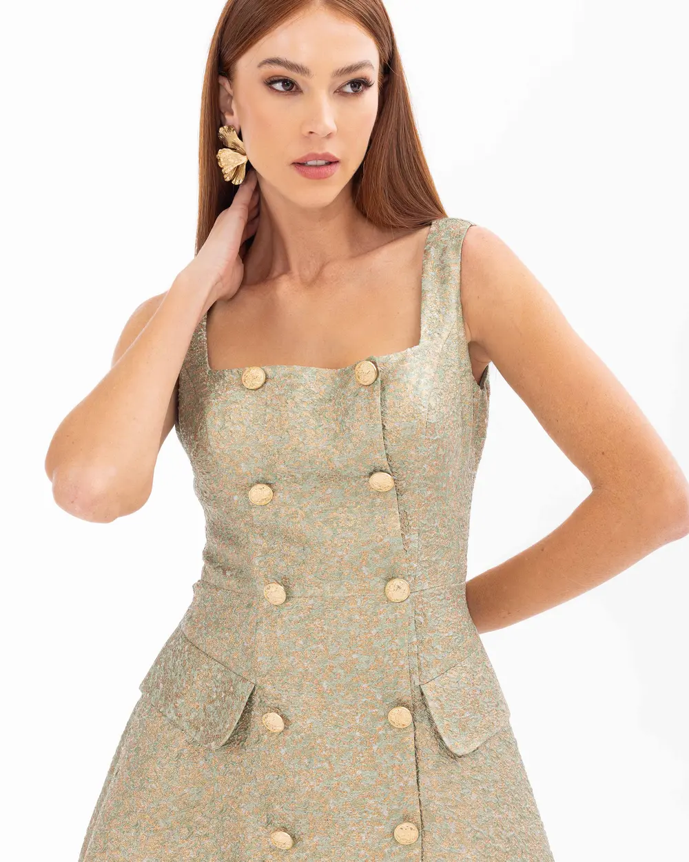 Square Neck Buttoned Jacquard Evening Dress