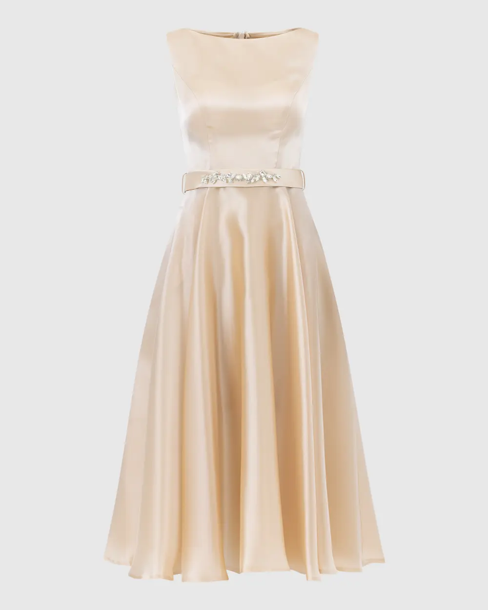 A-line Belted Satin Midi Length Evening Dresses