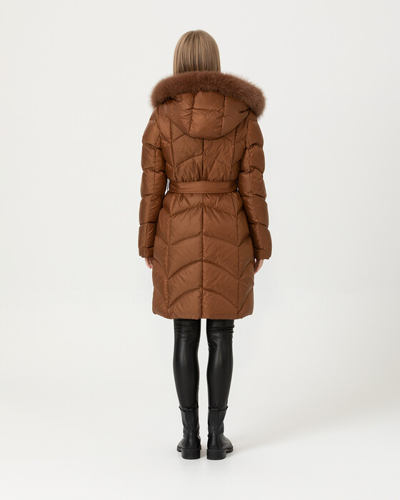 Dikiş Detaylı Gerçek Kürklü Kuş Tüyü Kaban