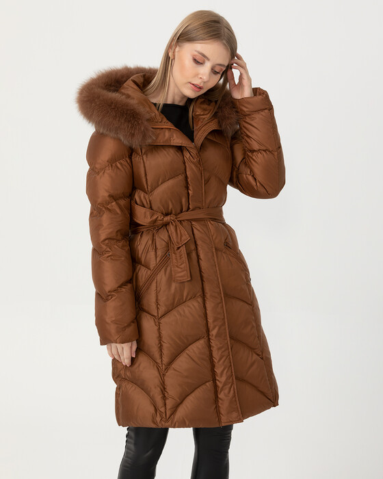 Dikiş Detaylı Gerçek Kürklü Kuş Tüyü Kaban