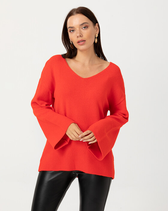Geniş Kollu V Yakalı Triko Bluz