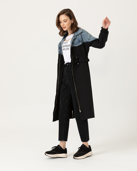 Denim Detaylı Midi Boy Trençkot