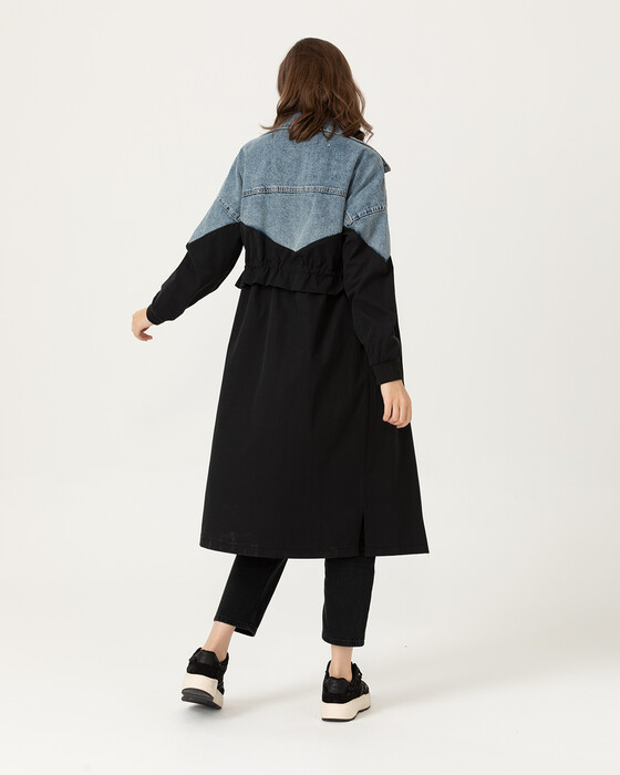 Denim Detaylı Midi Boy Trençkot