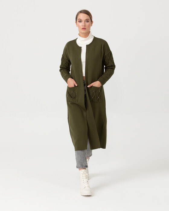 Cepleri Taşlı Uzun Triko Hırka