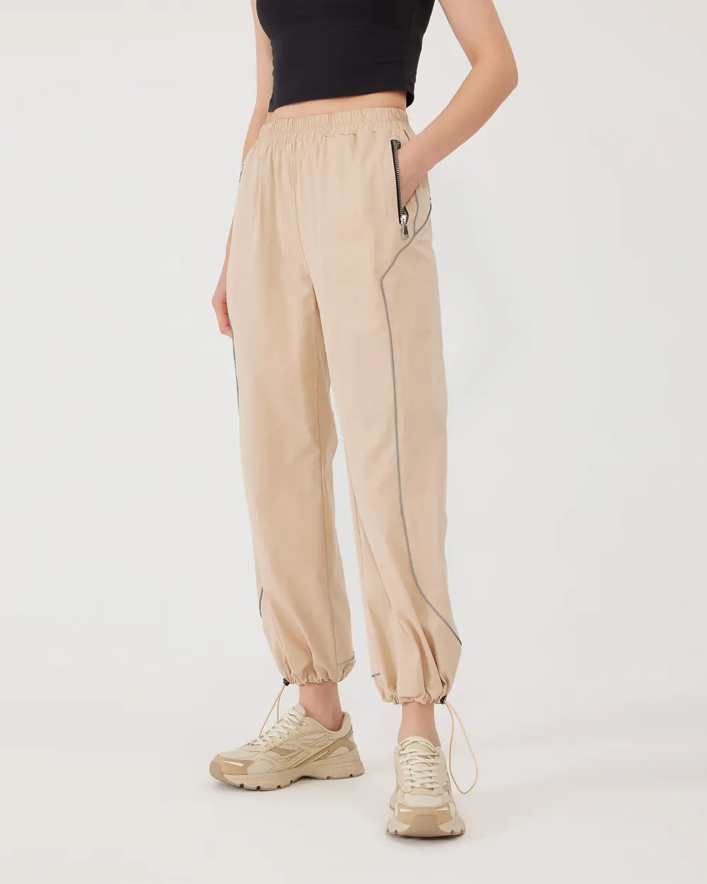 Elastic Waist Joggers with Zipper