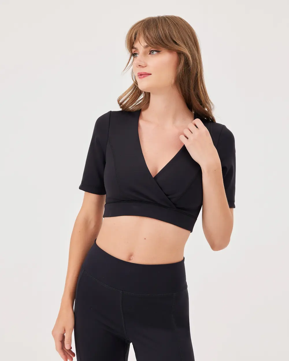 Double-breasted Collar Short Sleeve Lycra Crop Top