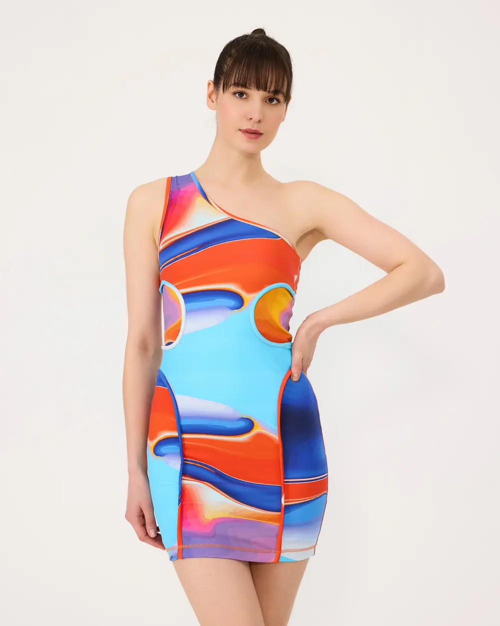 Monogram Patterned One Shoulder Mini Dress