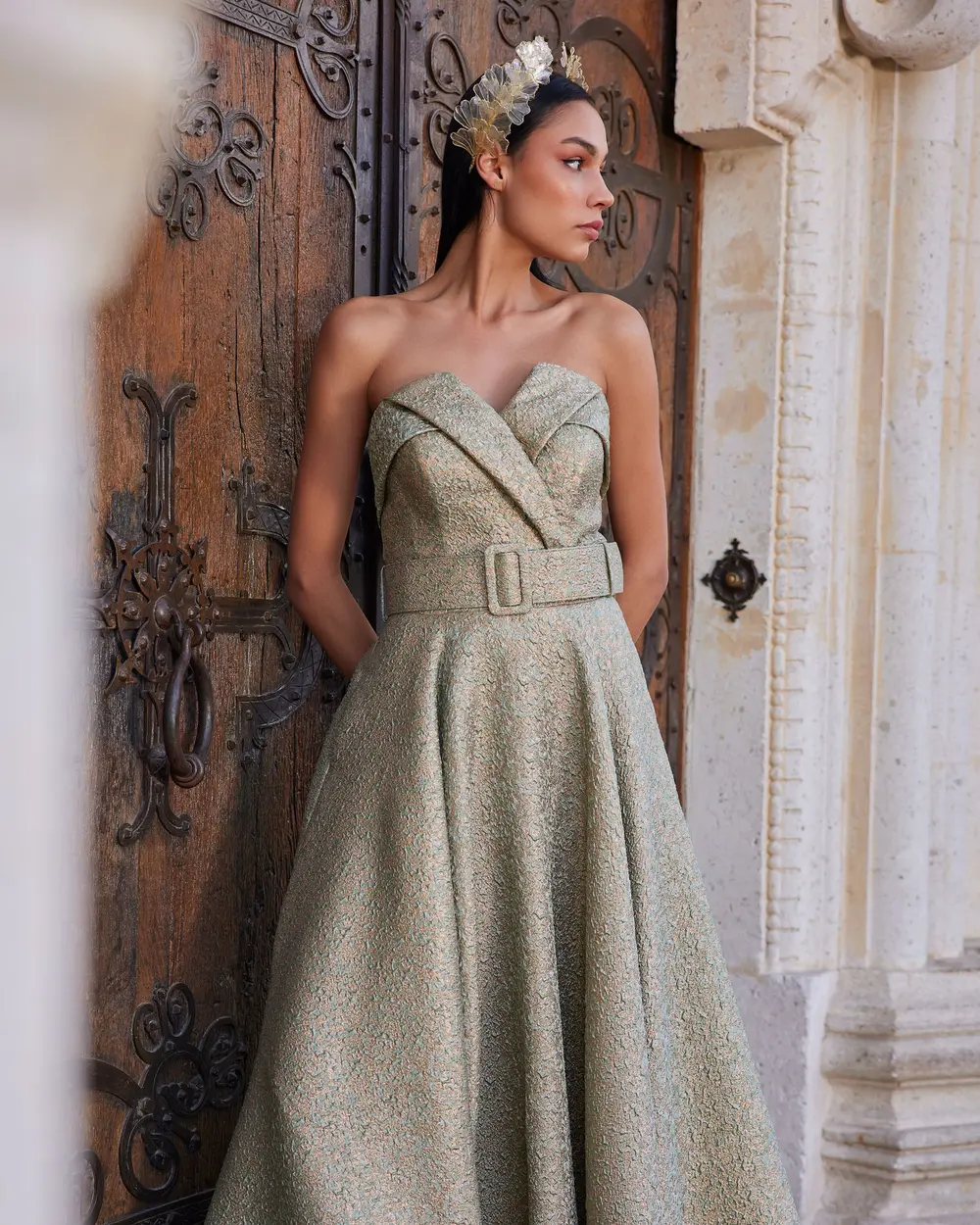 Strapless Belted Jacquard Evening Dress