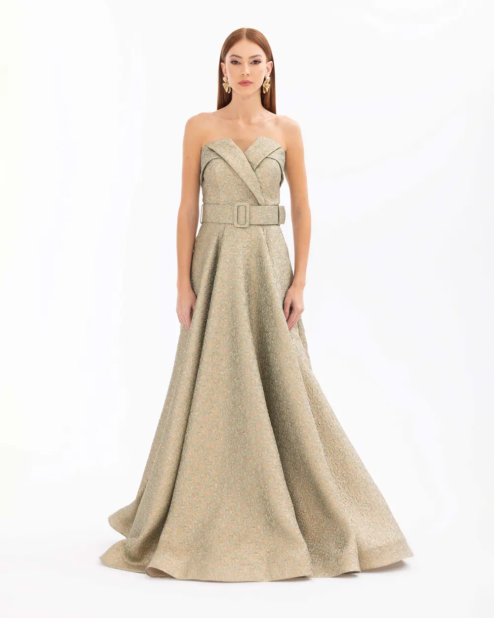 Strapless Belted Jacquard Evening Dress