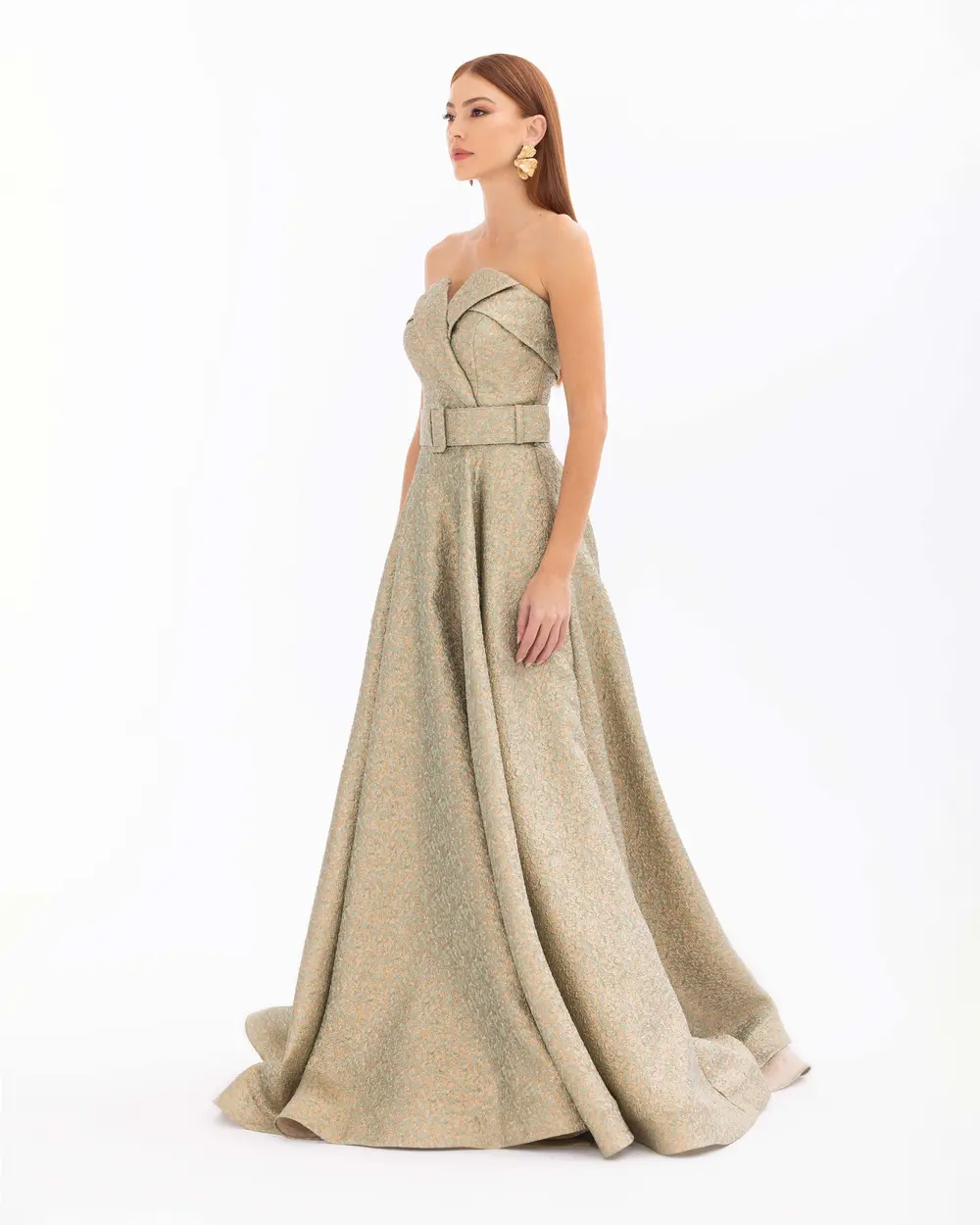 Strapless Belted Jacquard Evening Dress