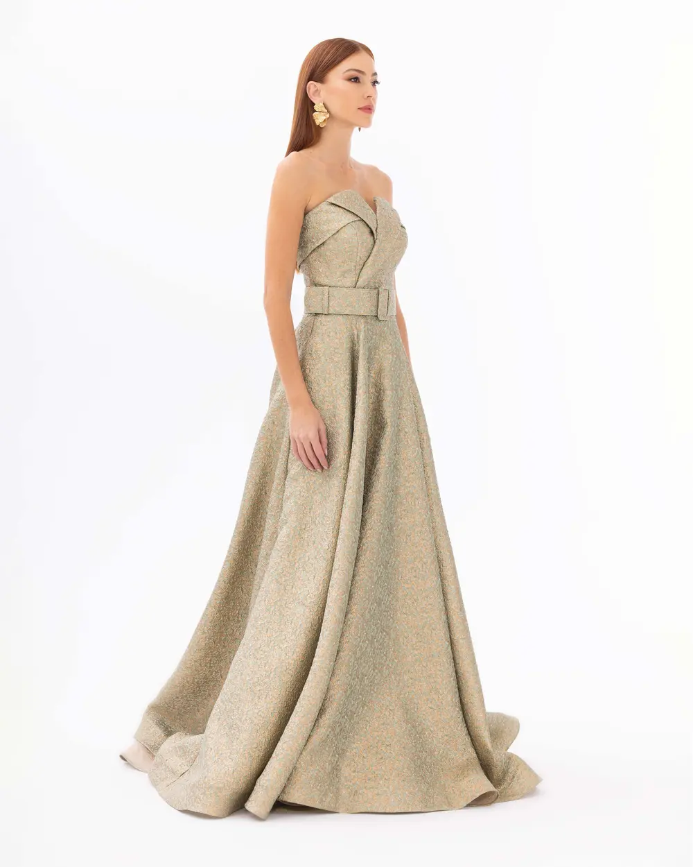 Strapless Belted Jacquard Evening Dress