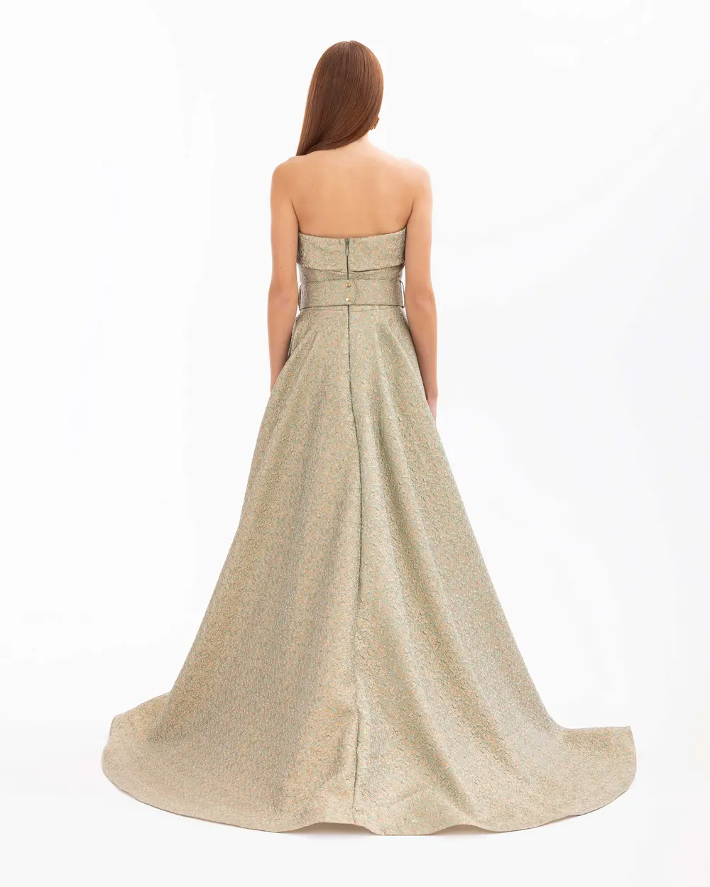 Strapless Belted Jacquard Evening Dress