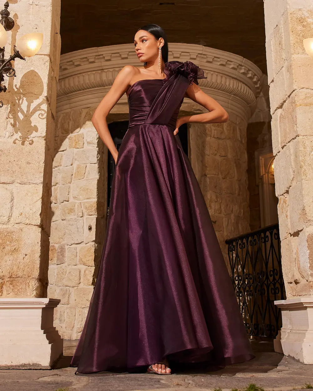 Strapless One Shoulder Satin Evening Dress