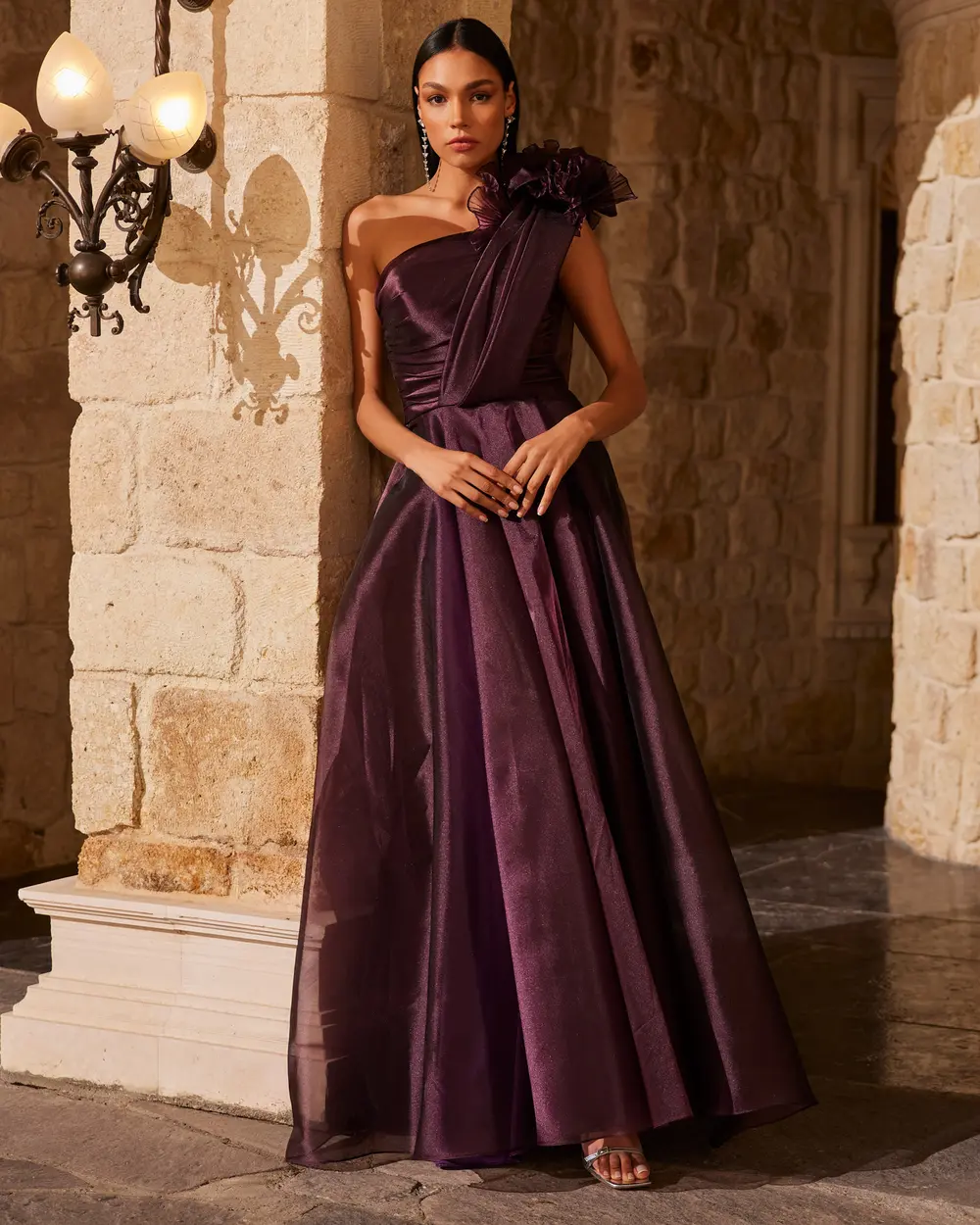 Strapless One Shoulder Satin Evening Dress