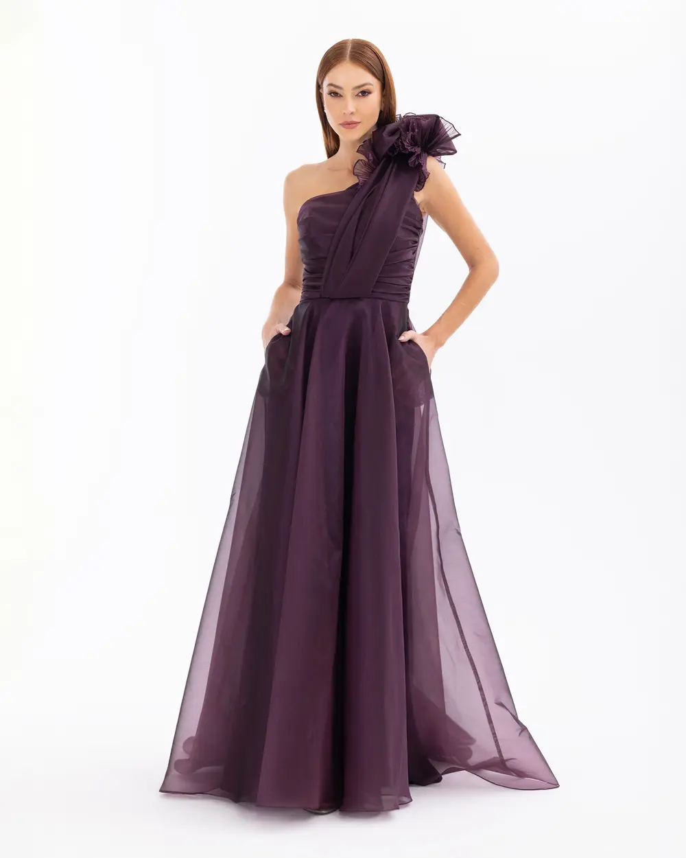 Strapless One Shoulder Satin Evening Dress