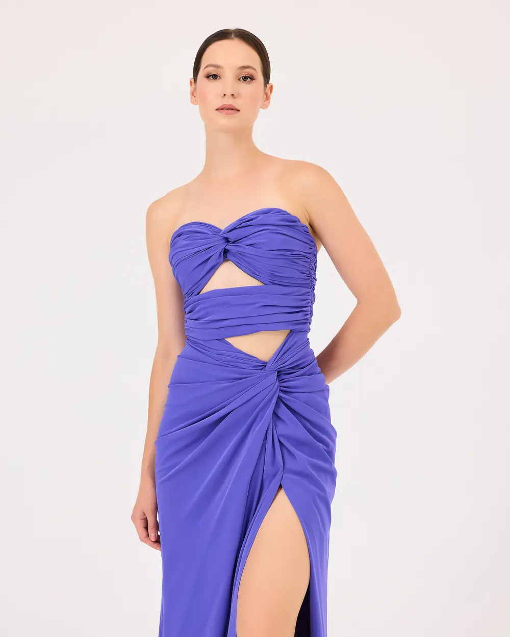 Strapless Evening Dress with Window Detail Shirred