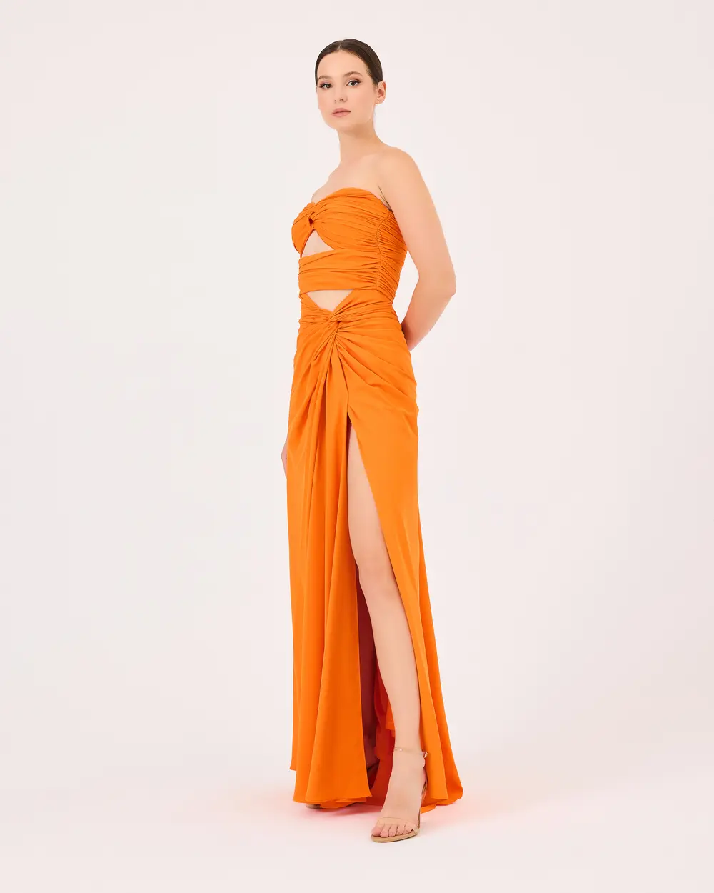 Strapless Evening Dress with Window Detail Shirred