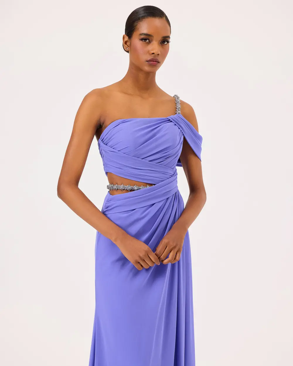 Transparent Detailed One Shoulder Stone Evening Dress