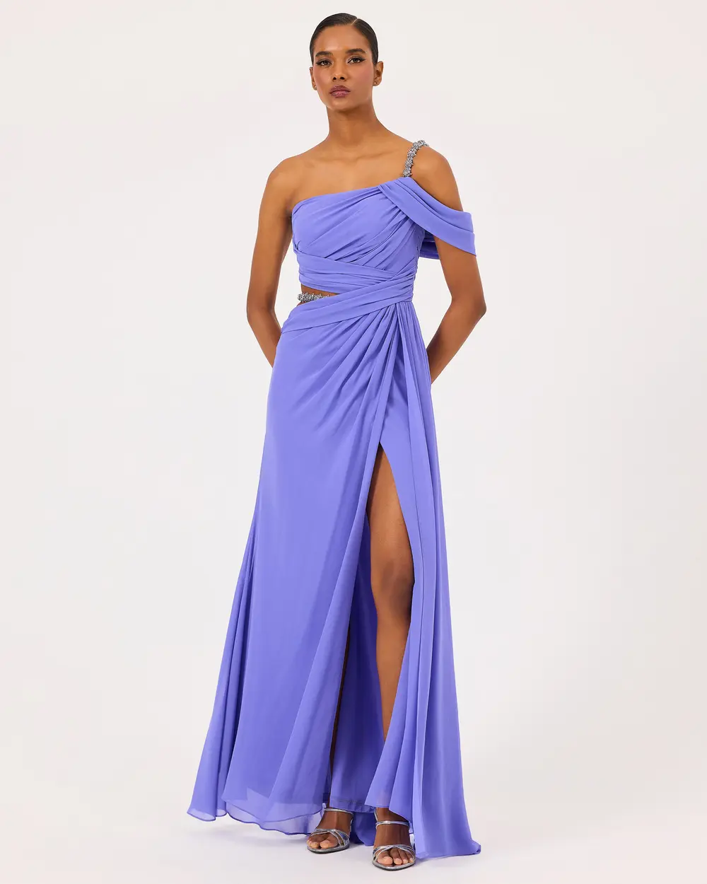 Transparent Detailed One Shoulder Stone Evening Dress