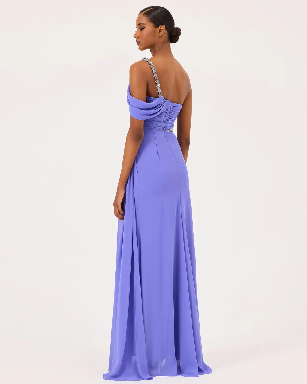 Transparent Detailed One Shoulder Stone Evening Dress