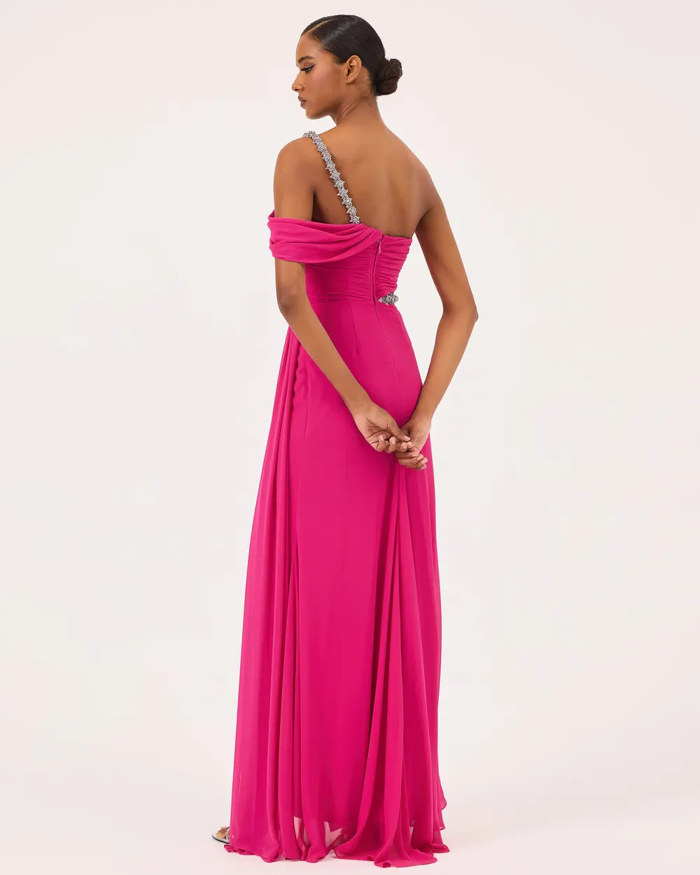 Transparent Detailed One Shoulder Stone Evening Dress