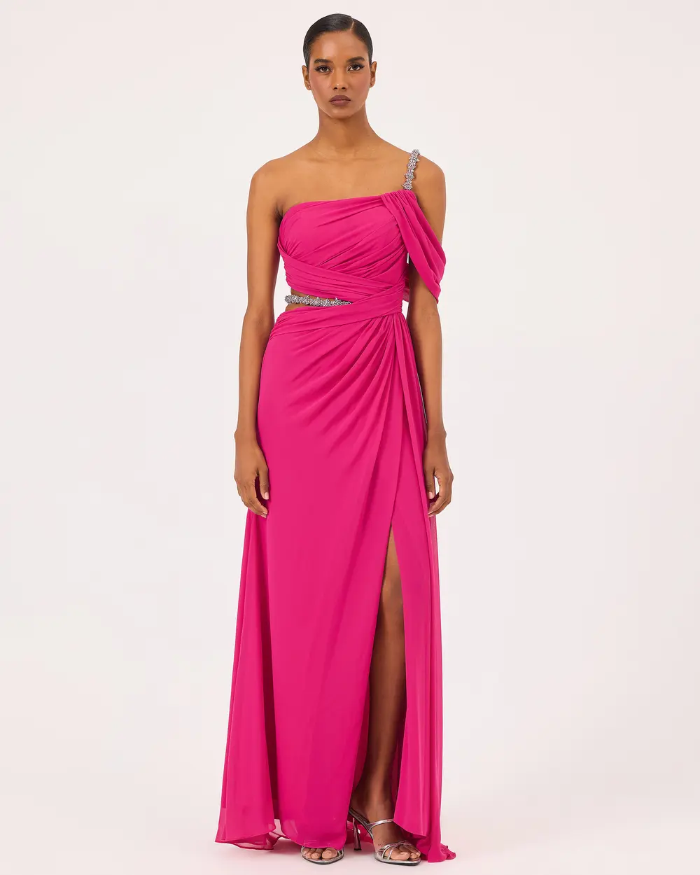 Transparent Detailed One Shoulder Stone Evening Dress