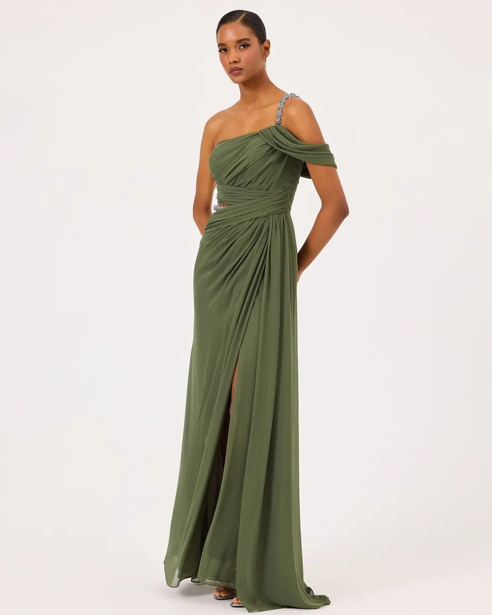 Transparent Detailed One Shoulder Stone Evening Dress