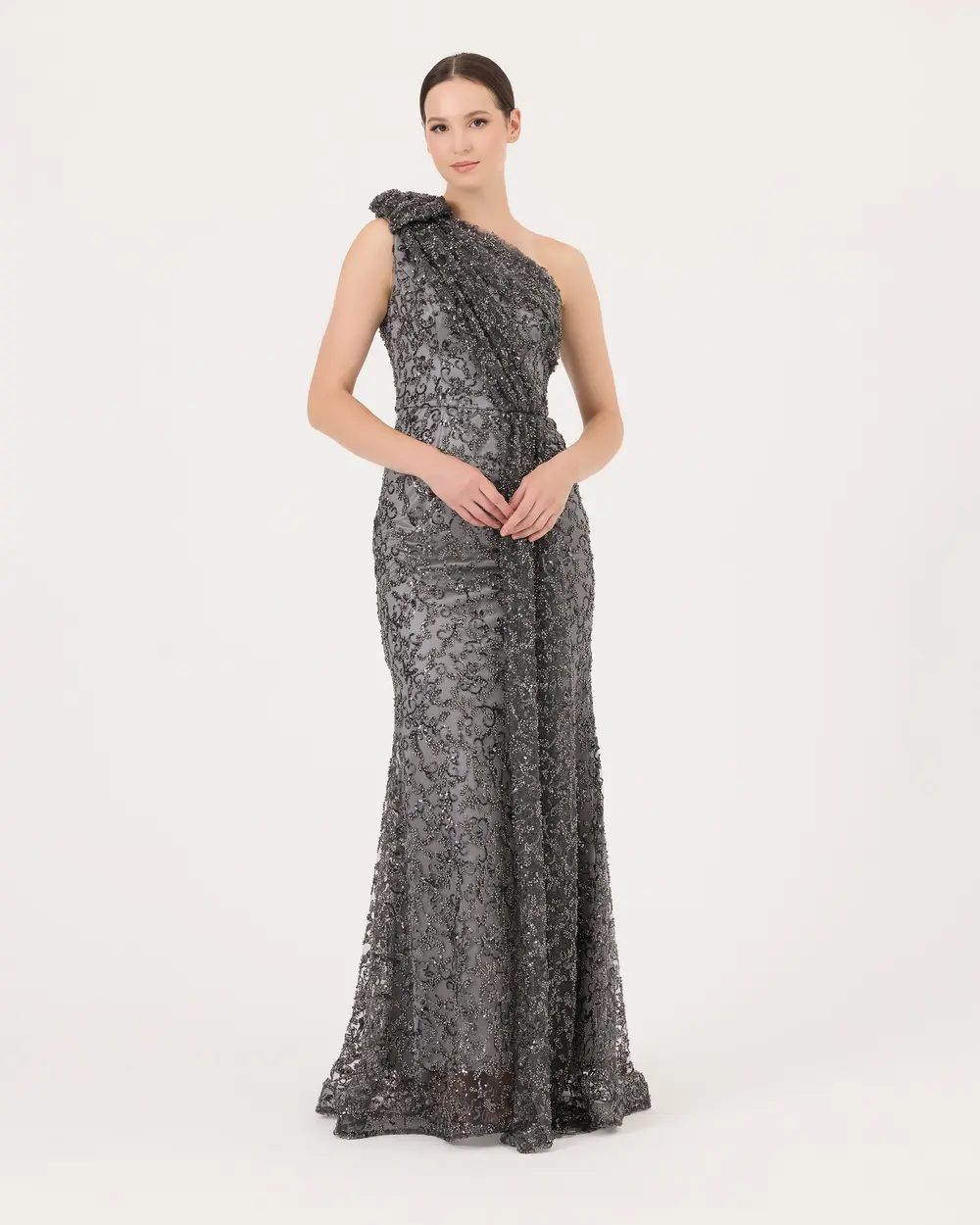 One Shoulder Silvery Fish Form Evening Dress