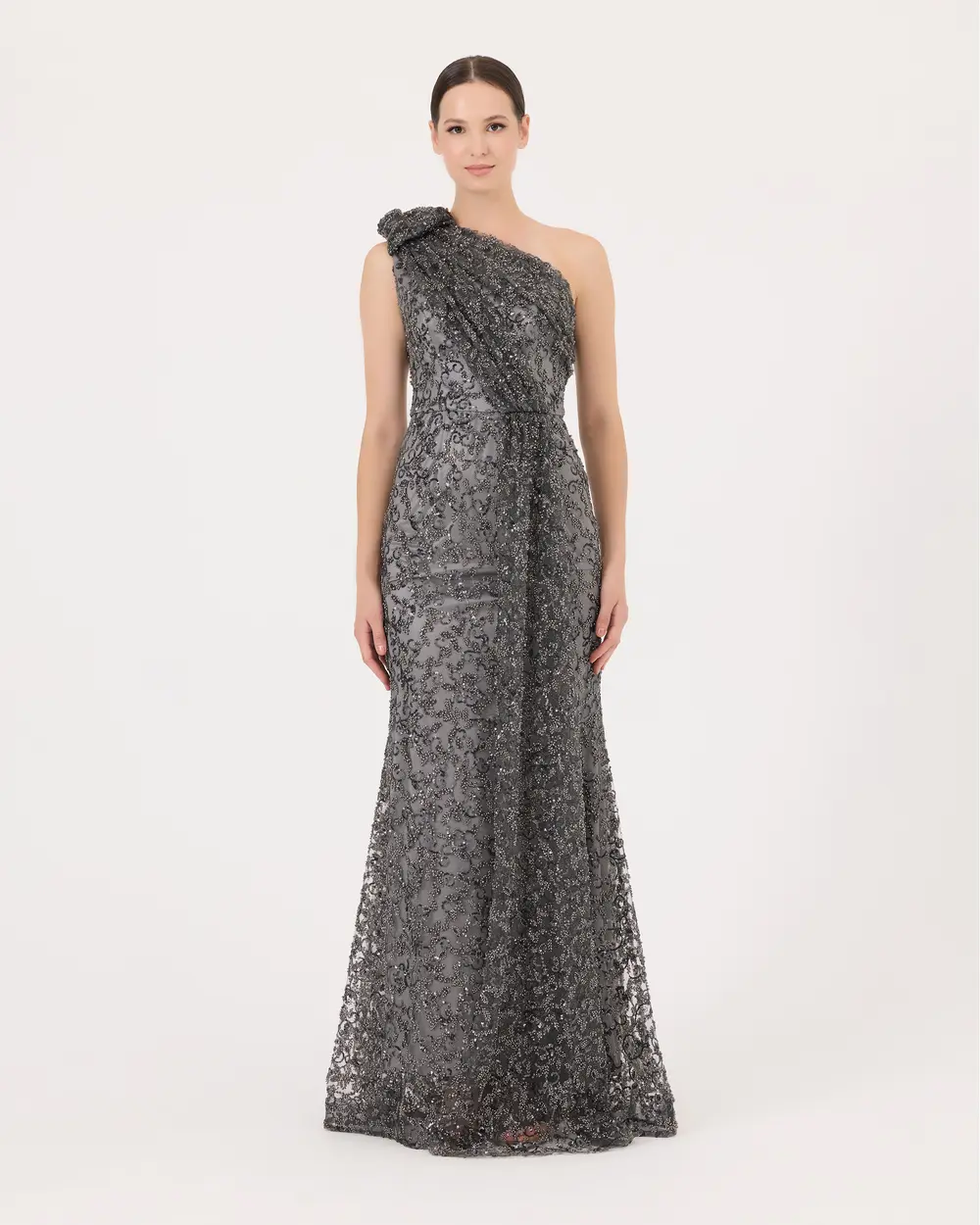 One Shoulder Silvery Fish Form Evening Dress