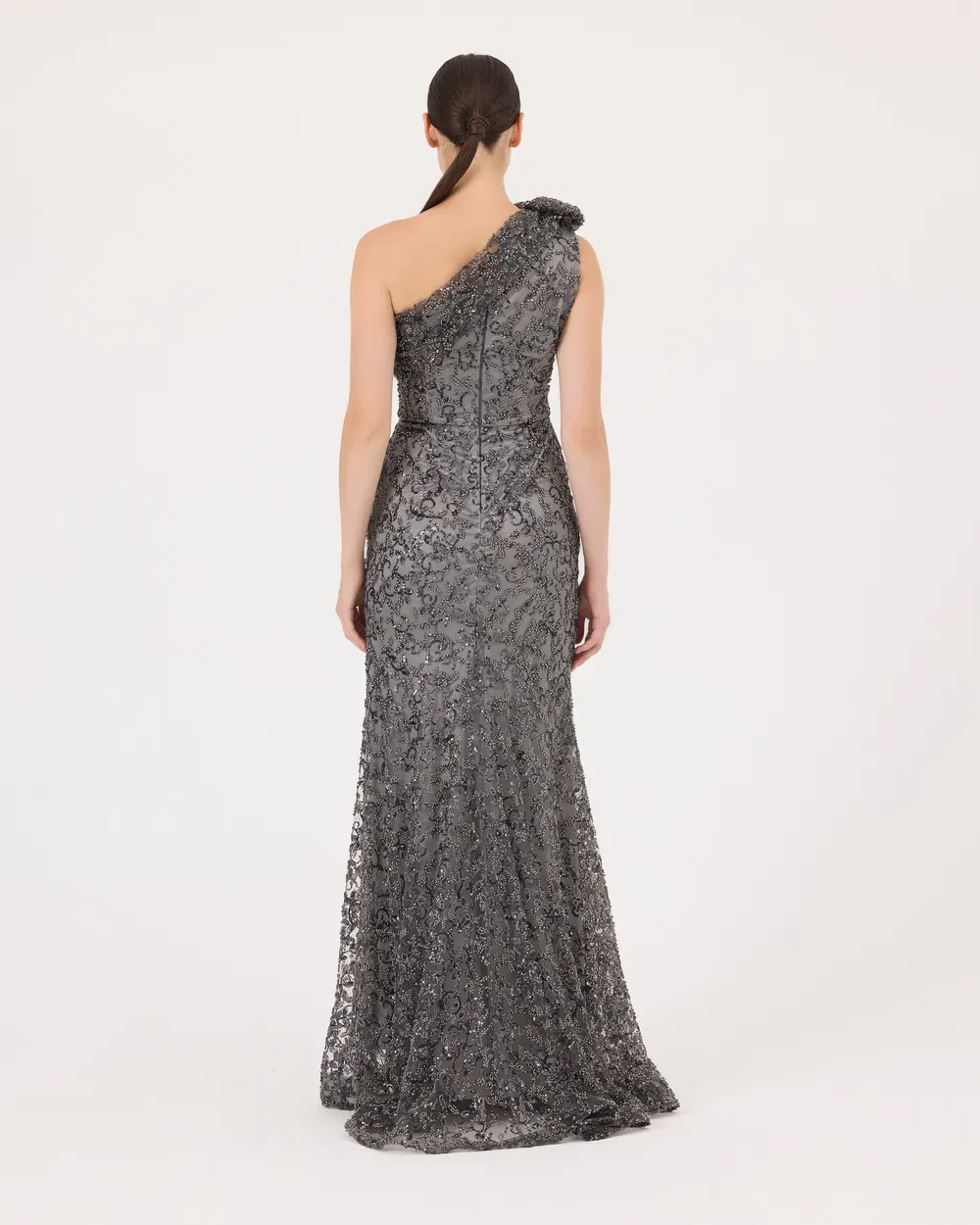 One Shoulder Silvery Fish Form Evening Dress