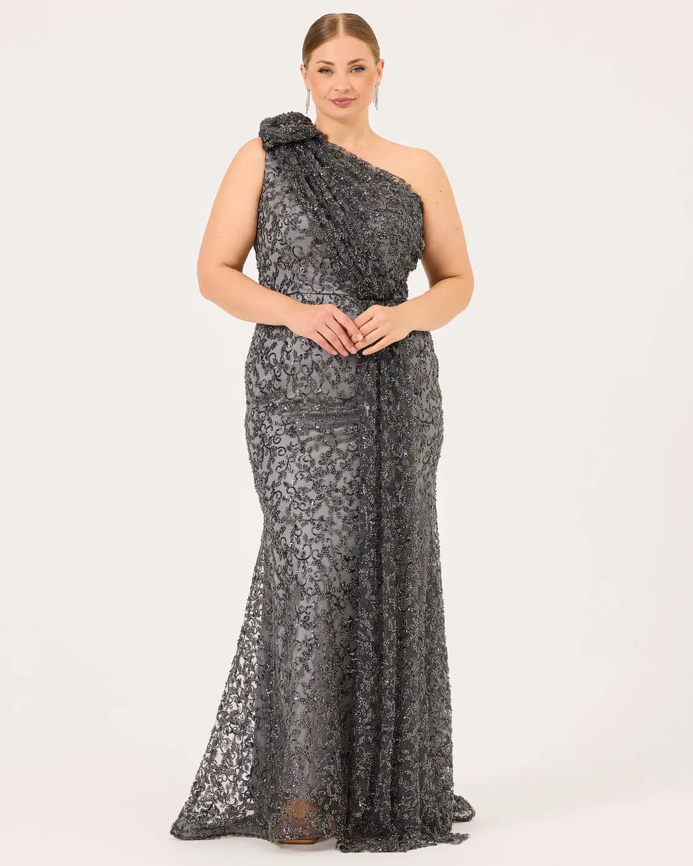 One Shoulder Silvery Fish Form Evening Dress