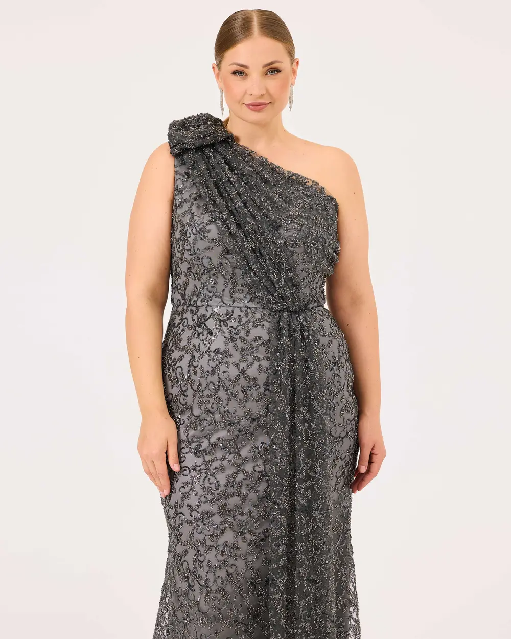 One Shoulder Silvery Fish Form Evening Dress