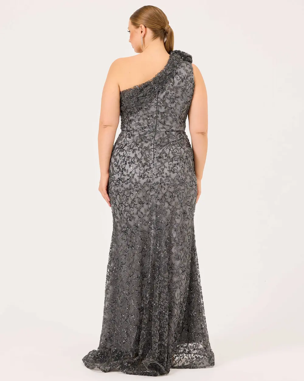 One Shoulder Silvery Fish Form Evening Dress