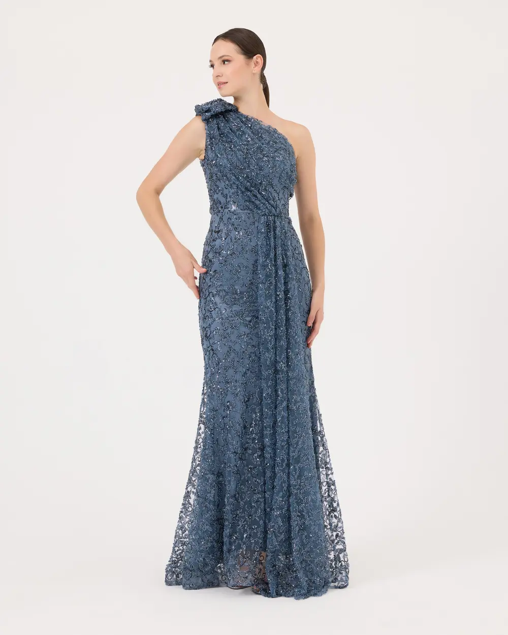 One Shoulder Silvery Fish Form Evening Dress