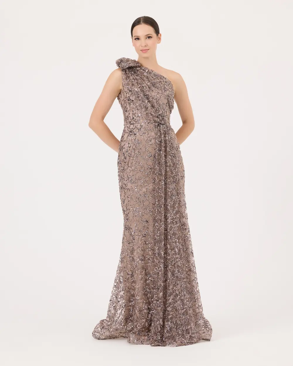 One Shoulder Silvery Fish Form Evening Dress