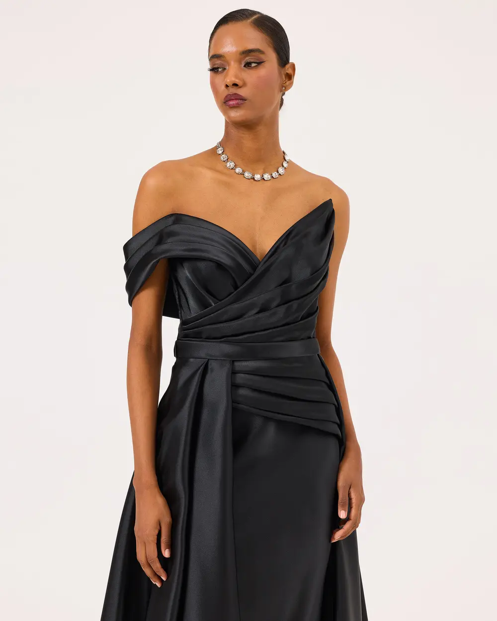 Asymmetric Collar Draped Satin Woven Evening Dress