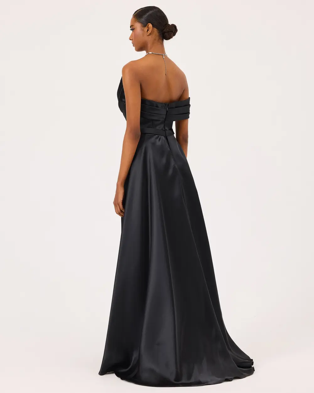 Asymmetric Collar Draped Satin Woven Evening Dress