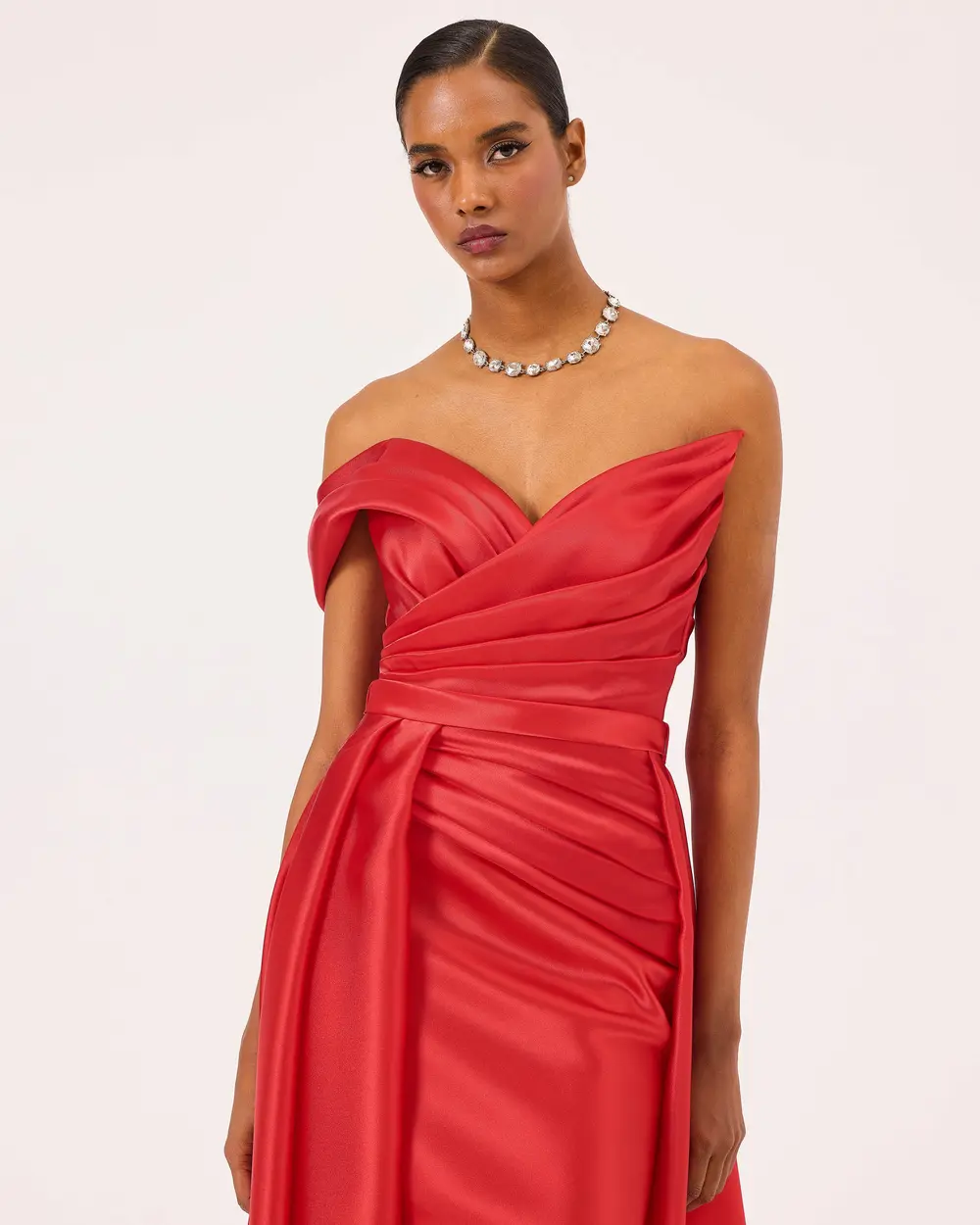 Asymmetric Collar Draped Satin Woven Evening Dress