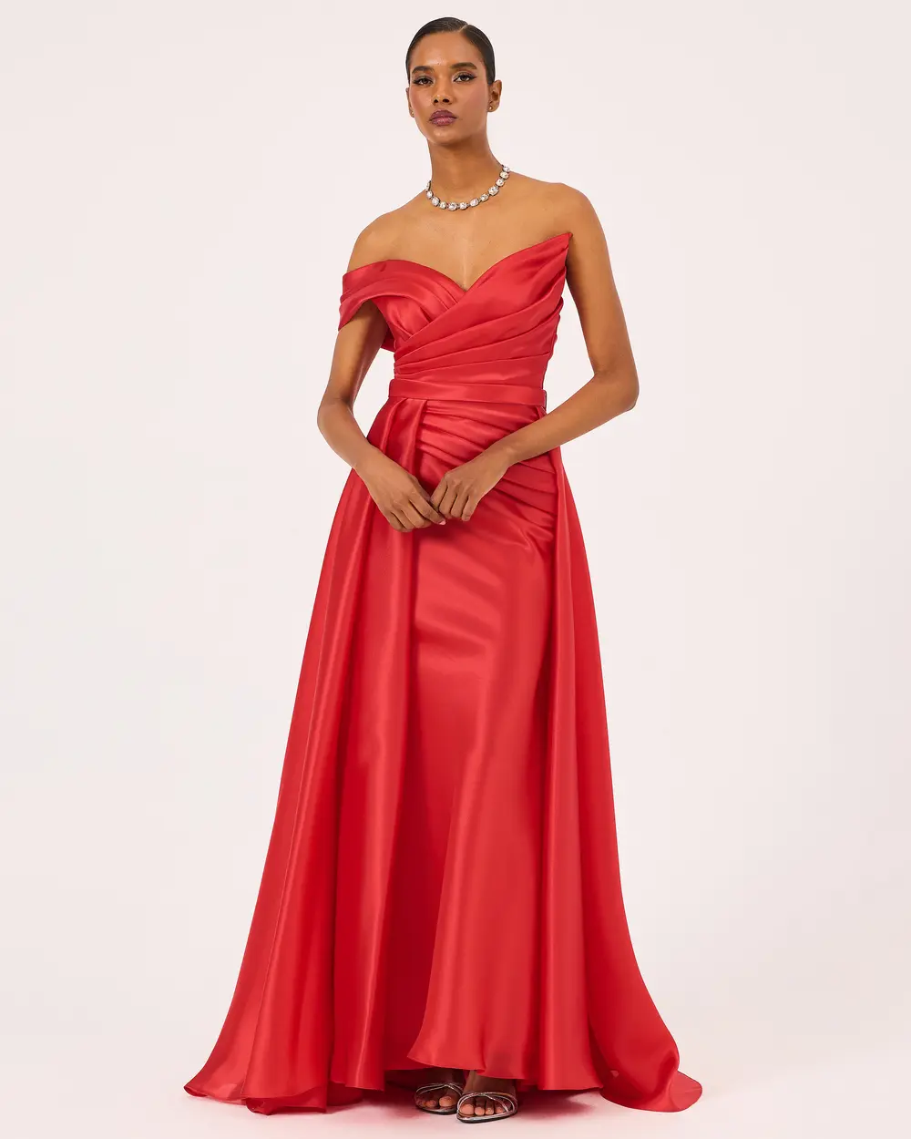 Asymmetric Collar Draped Satin Woven Evening Dress