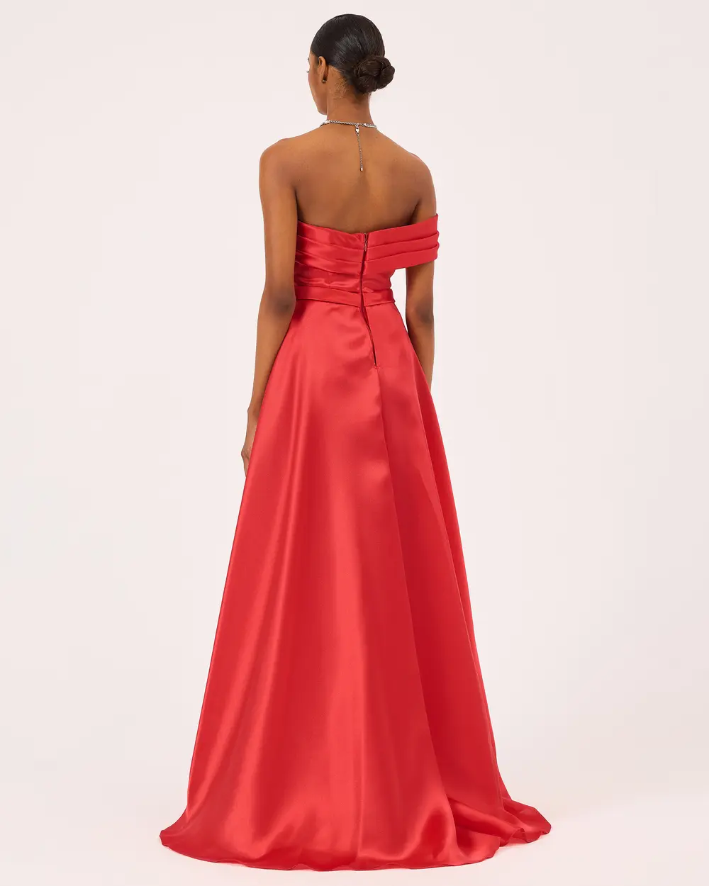 Asymmetric Collar Draped Satin Woven Evening Dress