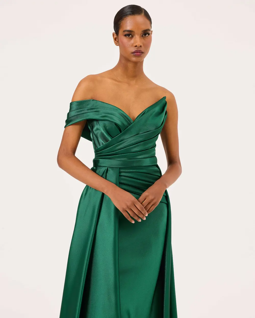 Asymmetric Collar Draped Satin Woven Evening Dress