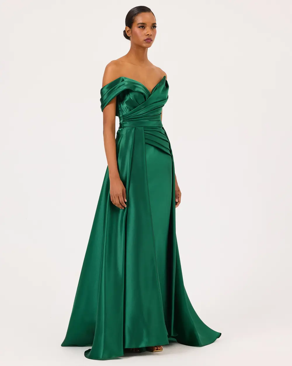 Asymmetric Collar Draped Satin Woven Evening Dress